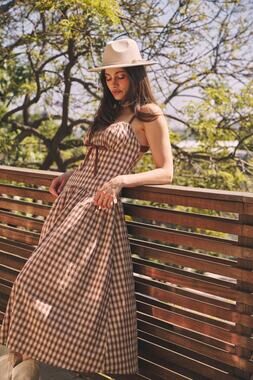 Idem Ditto Women's Brown/Cream, Gingham Sleeveless Midi Dress. Size Sm. Western
